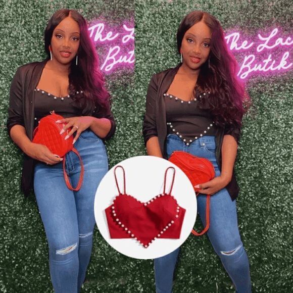 ❤ Cute Heart Shaped Crop Top Pearls Trim NEW - Picture 10 of 16